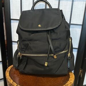 Ralph Lauren Keely Nylon Backpack Black Purse Gold Zippers Roomy
